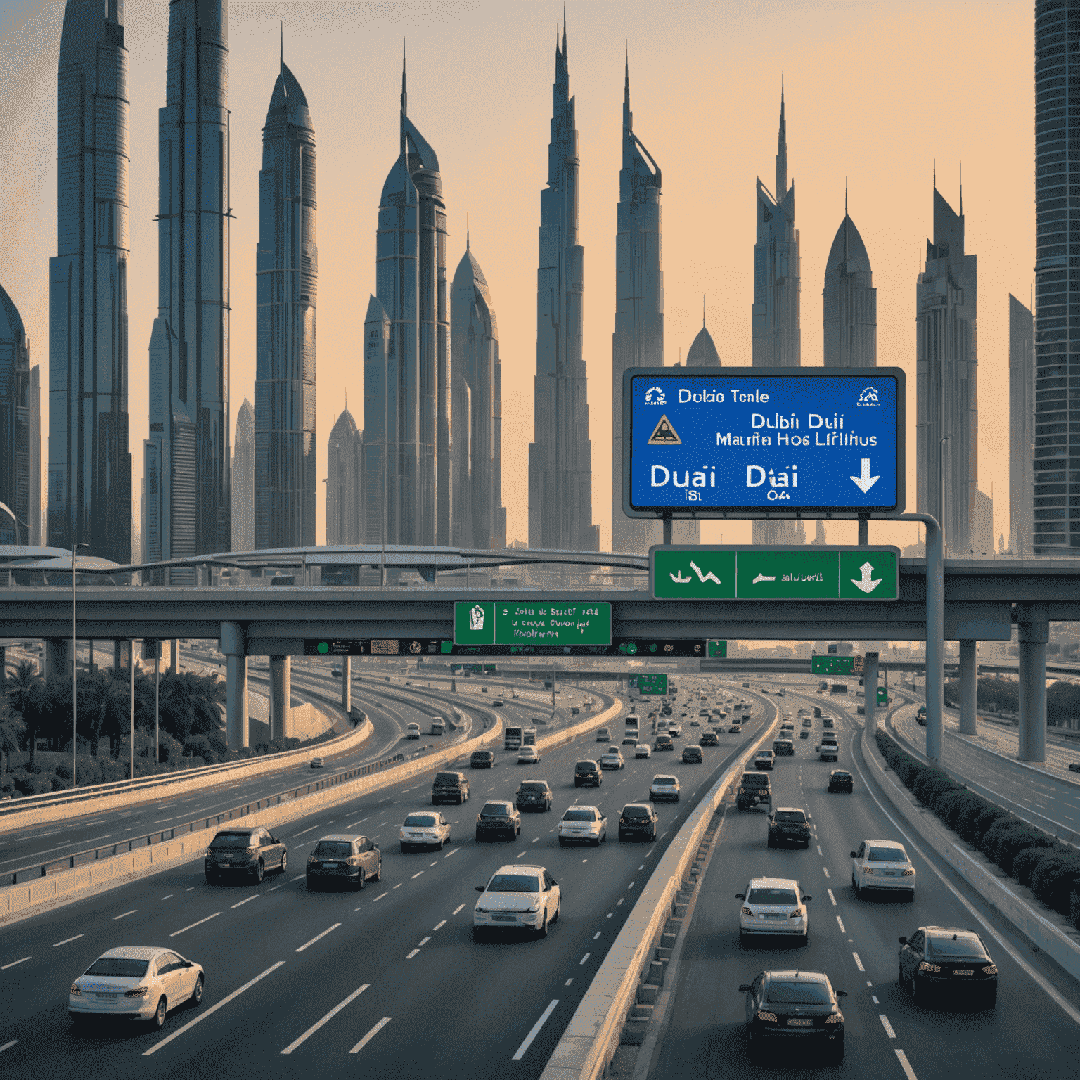 Dubai skyline with Salik toll gates visible on the highway, showing latest electronic signage updates