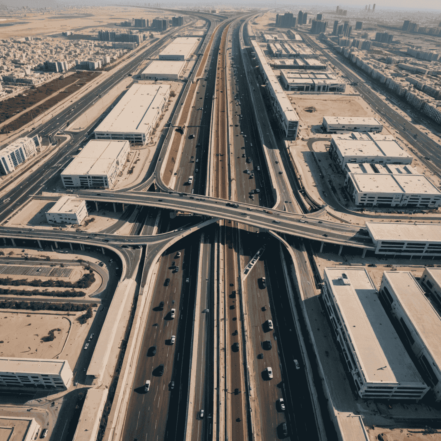 Aerial view of Al Khail Road with new Salik gates installed, showing multiple lanes of traffic and the distinctive red Salik toll gates