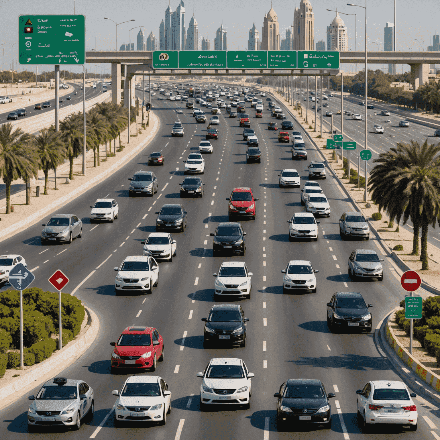 A collage showing various traffic violation scenarios in UAE, including speeding cars, red light cameras, improper parking, and a driver using a mobile phone. The image also includes Salik toll gates and road signs.