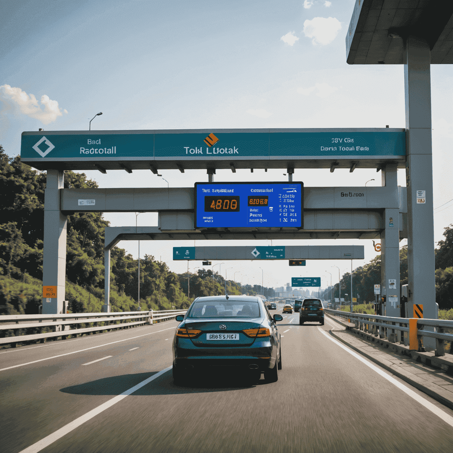 A car passing through a Salik toll gate with a digital display showing the toll amount