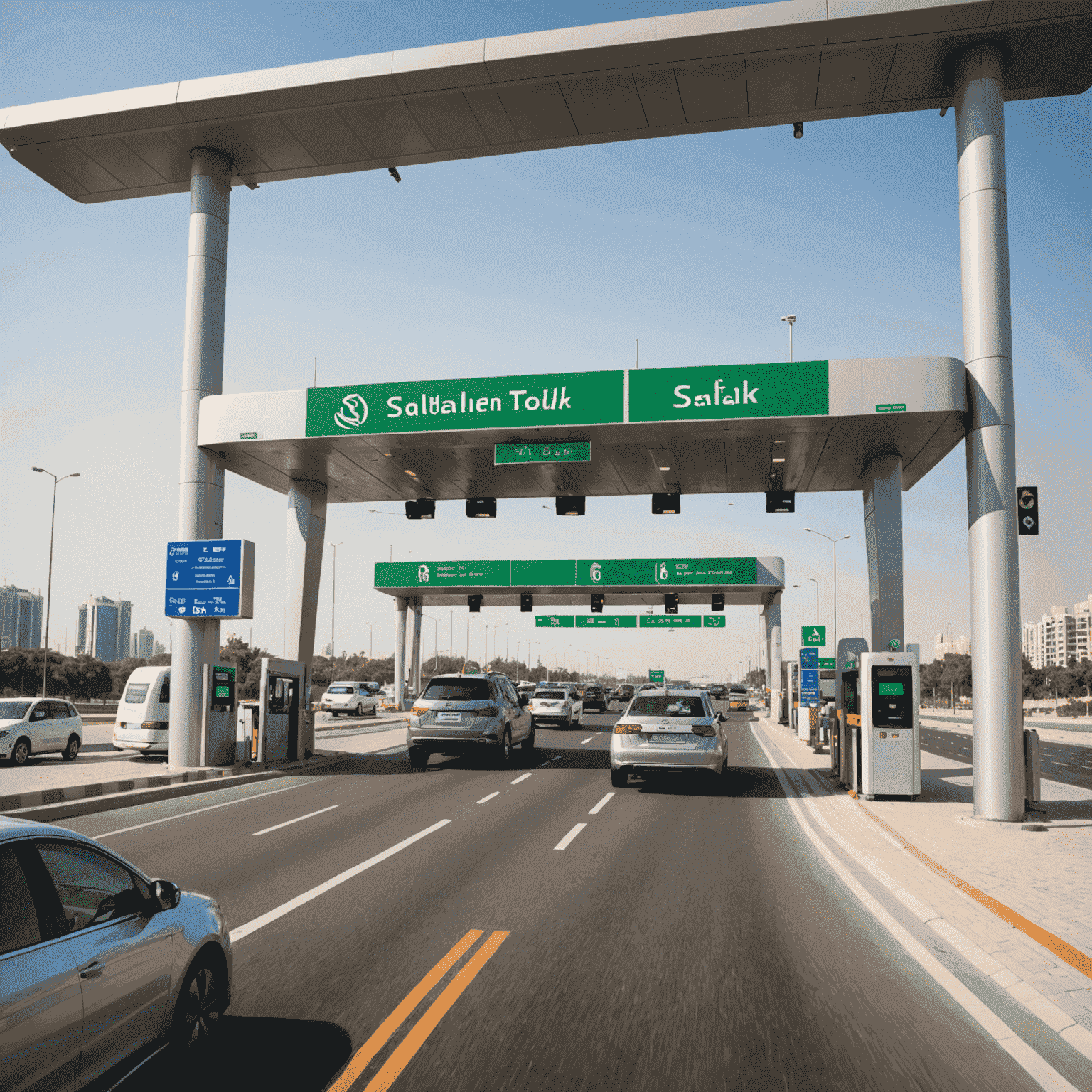 A modern toll gate with Salik logo, showing cars passing through an electronic toll collection point in Dubai