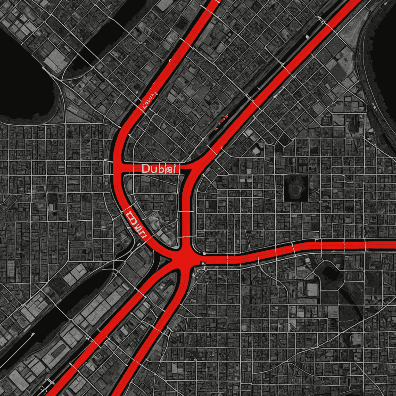 Map of Dubai showing major Salik toll gates, with red markers indicating toll points and main roads highlighted in white against a black background. The image provides a visual representation of the toll gate network to help users understand potential routes and toll locations.