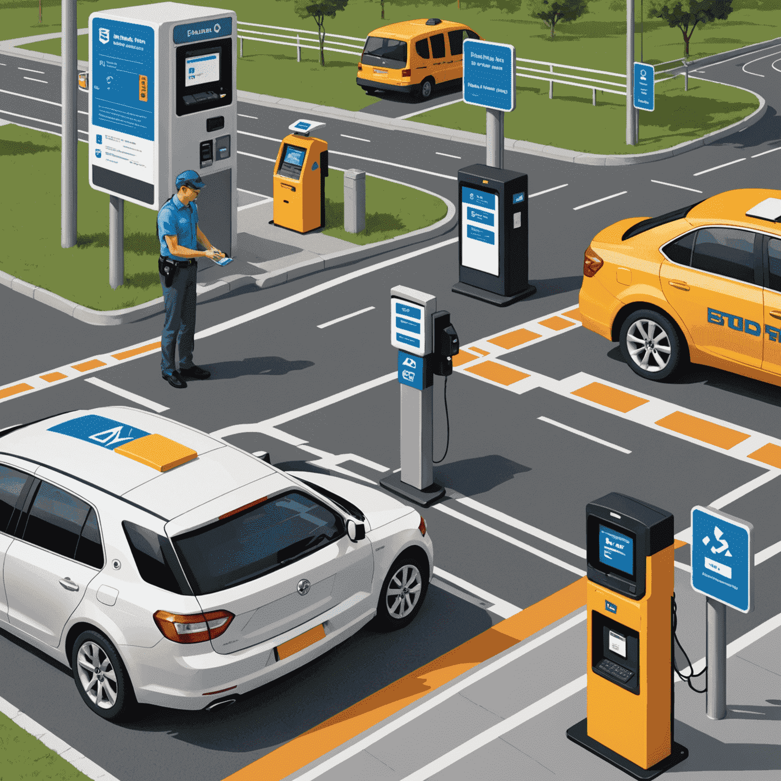 Illustration showing step-by-step process of paying road fines, including mobile payment and kiosk options